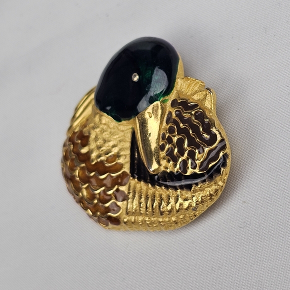 Paquette Gold Tone Textured Figural Enamel Mallard Duck Brooch - Picture 6 of 9